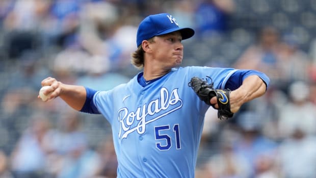 Jun 16, 2021; Kansas City, Missouri, USA; Kansas City Royals starting pitcher Brady Singer (51) pitches against the Detroit Tigers during the first inning at Kauffman Stadium. Mandatory Credit: Jay Biggerstaff-USA TODAY Sports